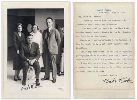 1931 Babe Ruth Signed Original Photo (PSA Mint 9) and Letter to Doctor After the Famous "Boston Charlie Horse" Injury